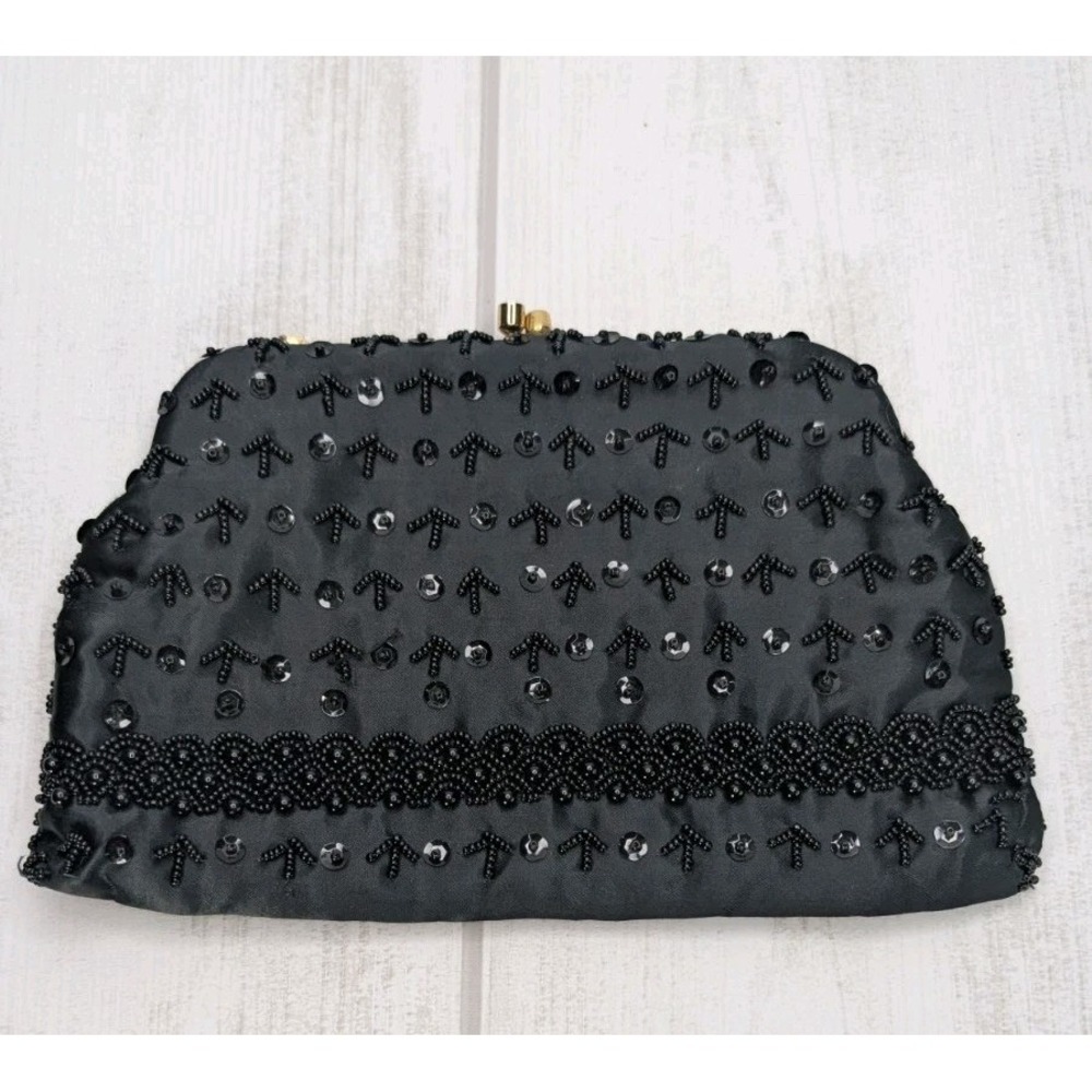 Black Beaded Sequin Evening Clutch Purse Gold Chain Kiss Lock Formal Bag